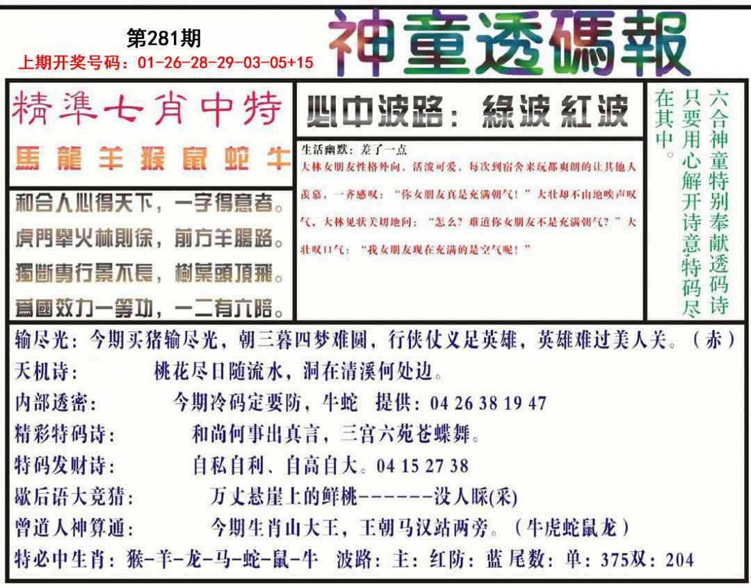 神童透码报 第281期