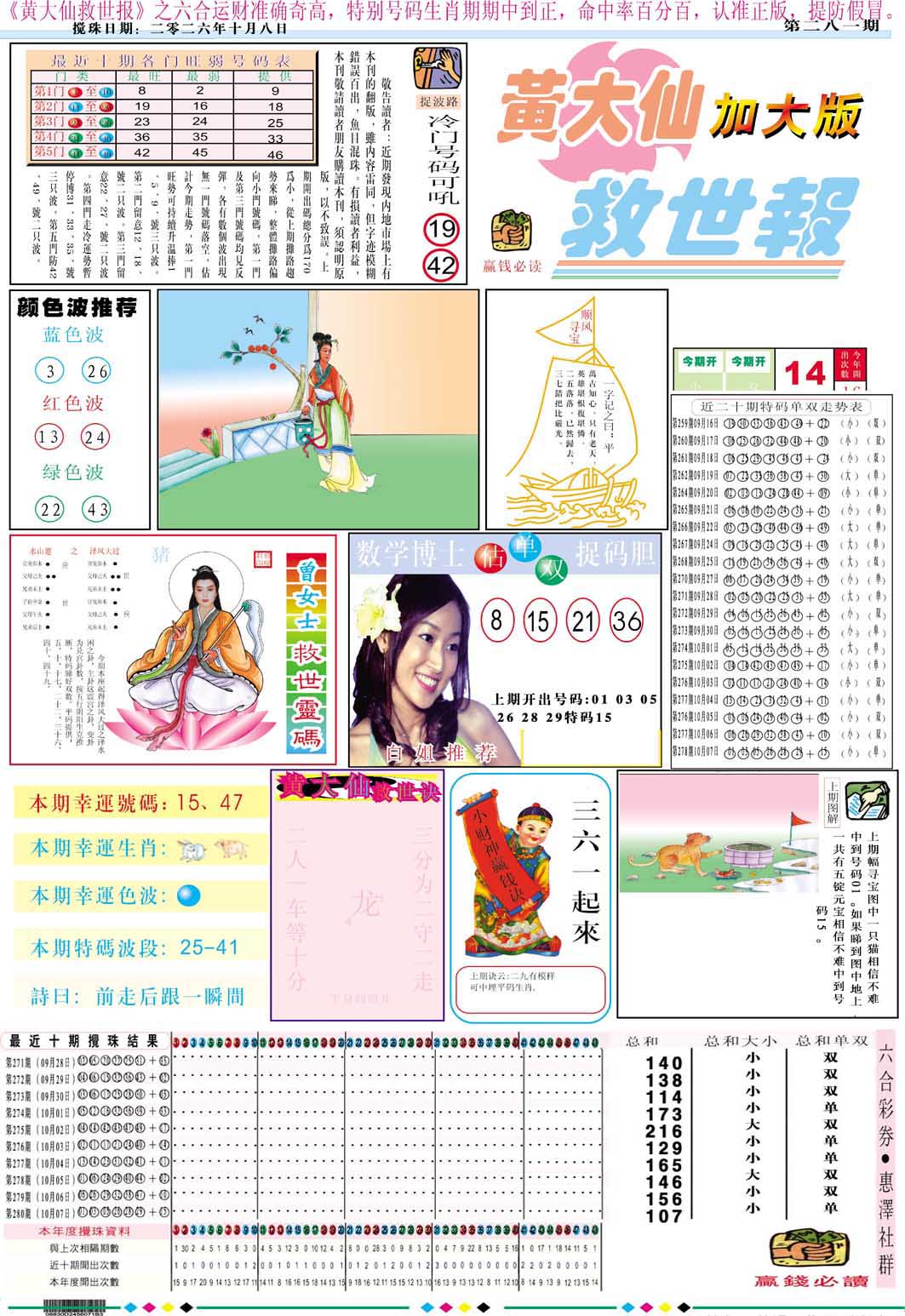 黄大仙救世A加大版 第281期