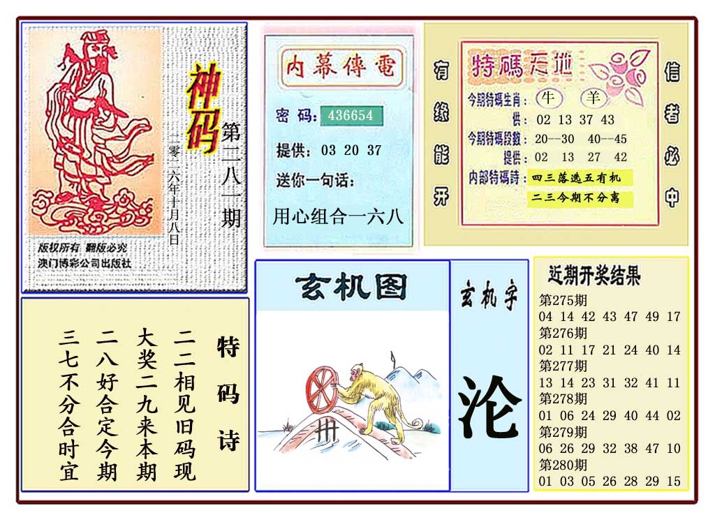 黄大仙神码 第281期