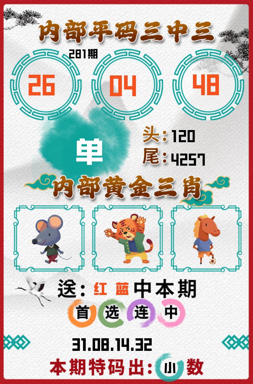 白虎內部平碼3中3 第281期