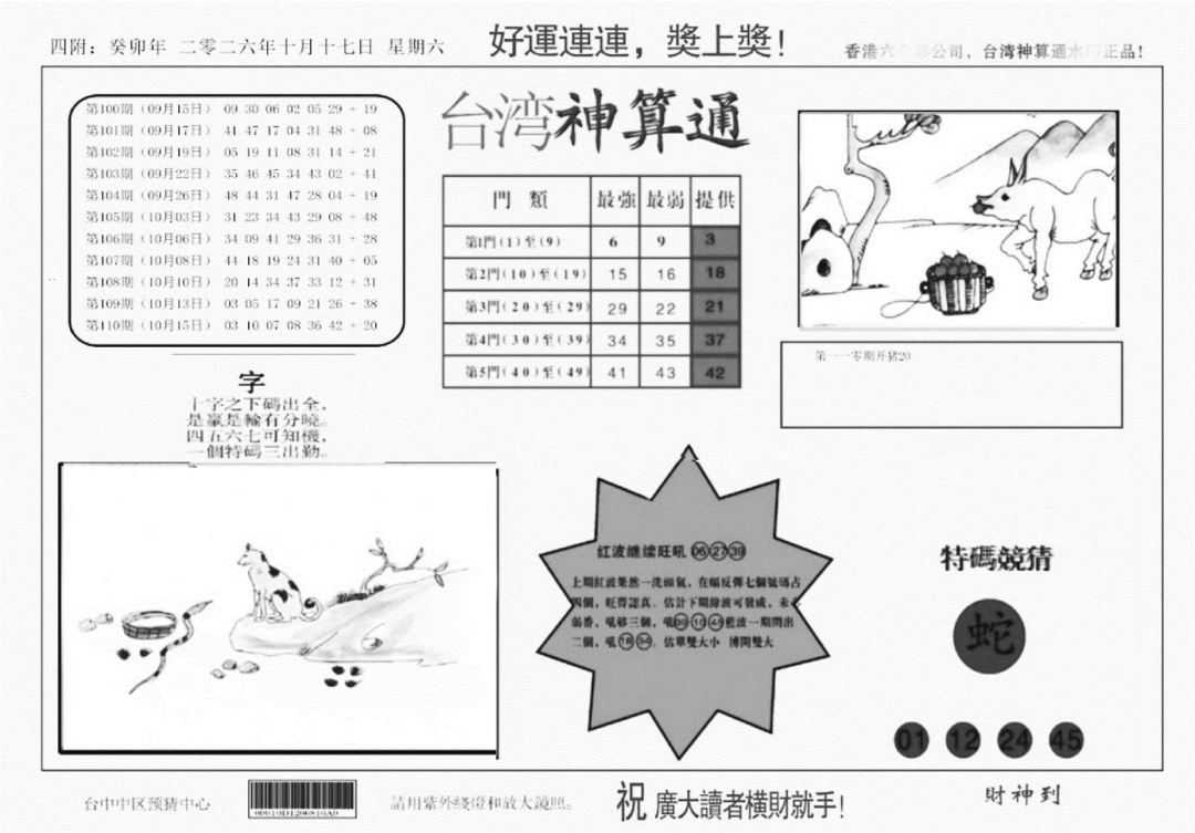 台湾神算(正版) 第110期